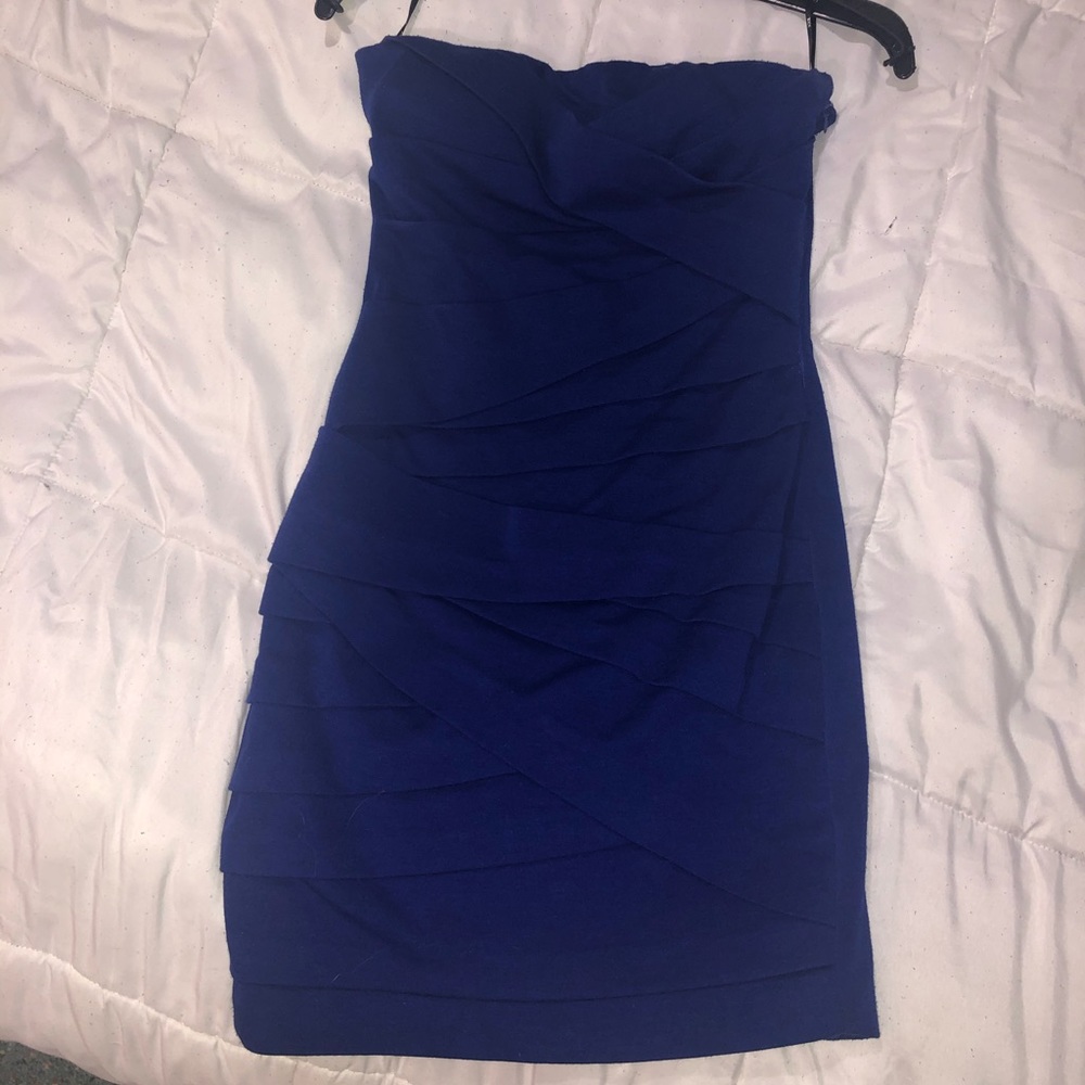Strapless blue cocktail dress